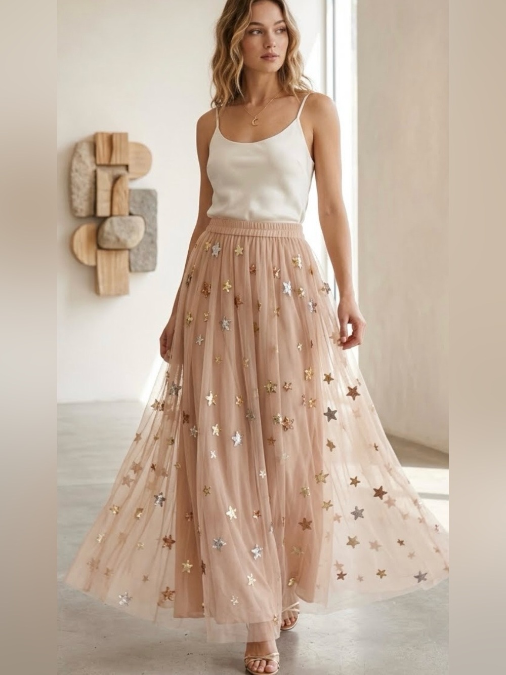 MYKEL Elizabeth Tulle Celestial Embellished Blush Maxi Skirt Size Large